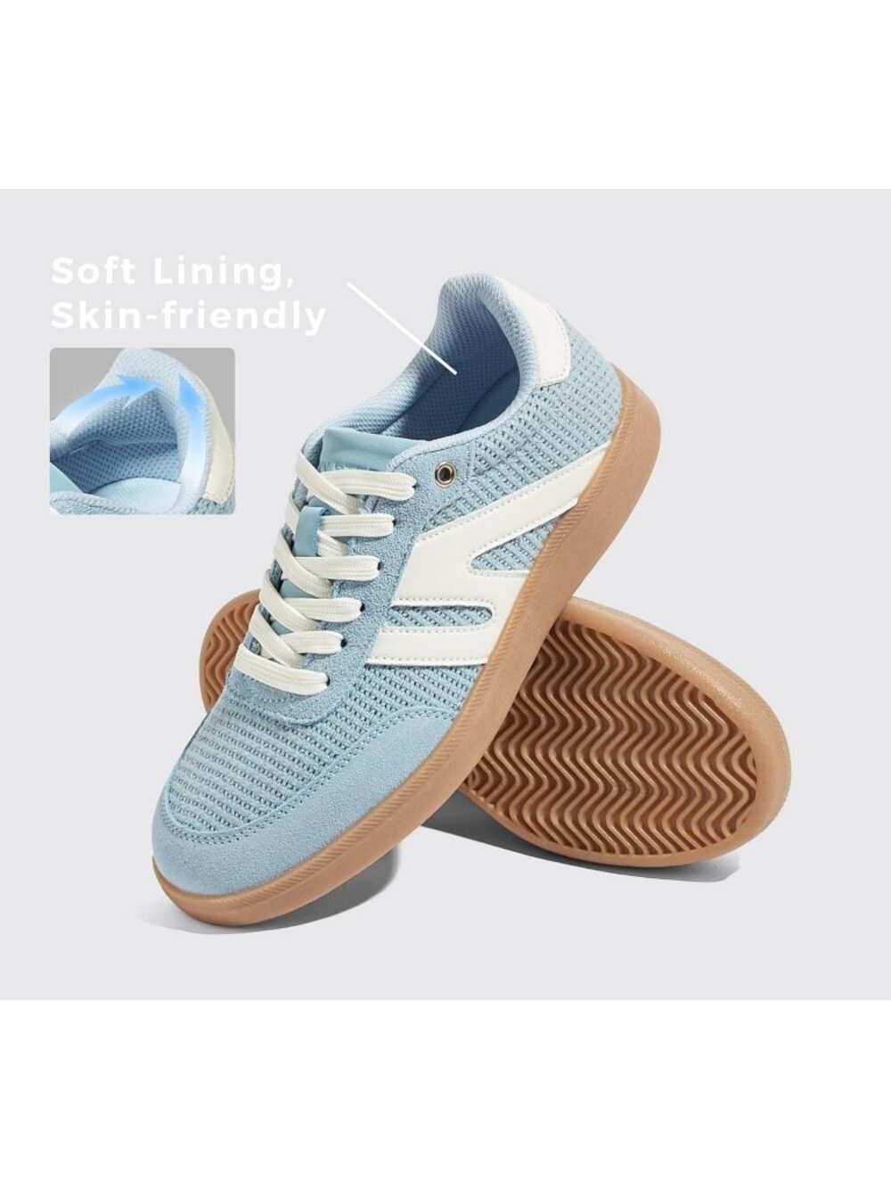 Women's Blue White Leather Lace Up Classic Retro Gum Sole Fashion Sneakers - Picture 4 of 6